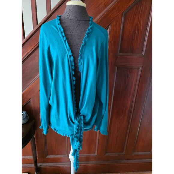 Coldwater Creek Womens Ruffled 2X Cardigan Sweater Turquoise Wool Blend - Picture 1 of 8